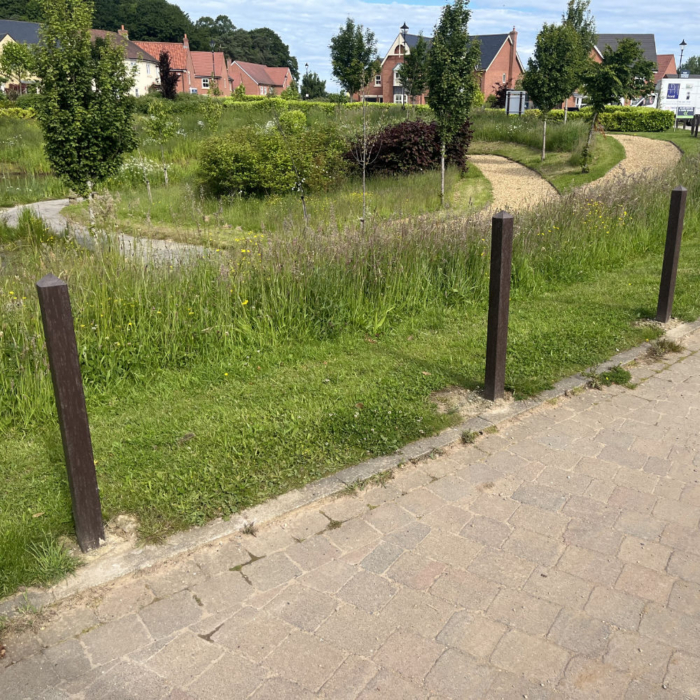 Three plastic street bollards in front of long grass.