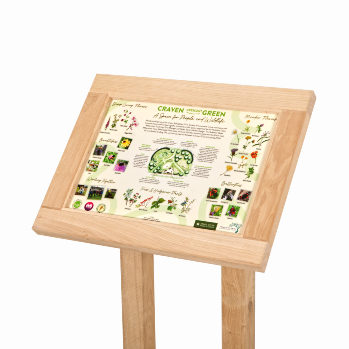 Oak outdoor information lectern with printed panel.