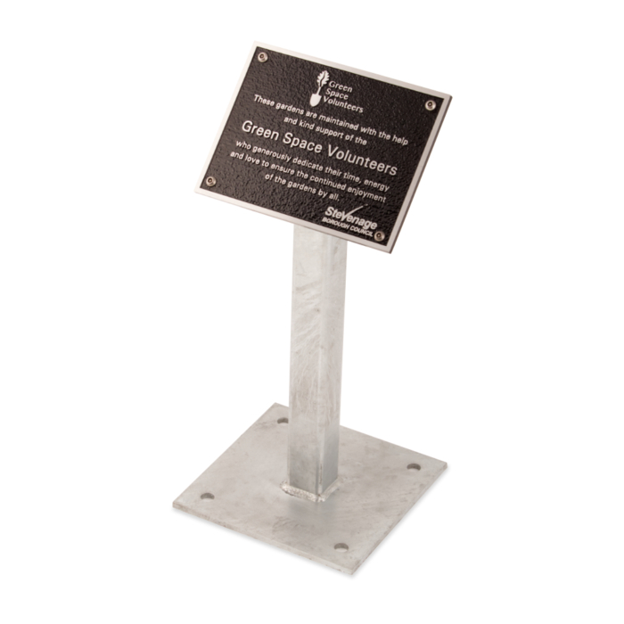 Aluminium commemorative plaque on galvanised tree stand