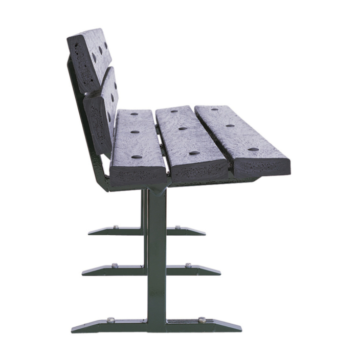 Side view of outdoor seat with black recycled slats and green steel frame