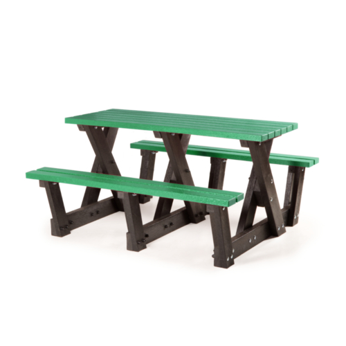 Recycled plastic picnic table with green seat and table top slats and a black frame with low end bars for easy accessibility.