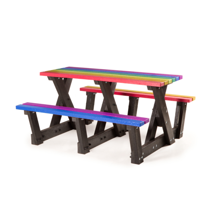 Recycled plastic picnic table with multi coloured seat and table top slats and a black frame with low end bars for easy accessibility.