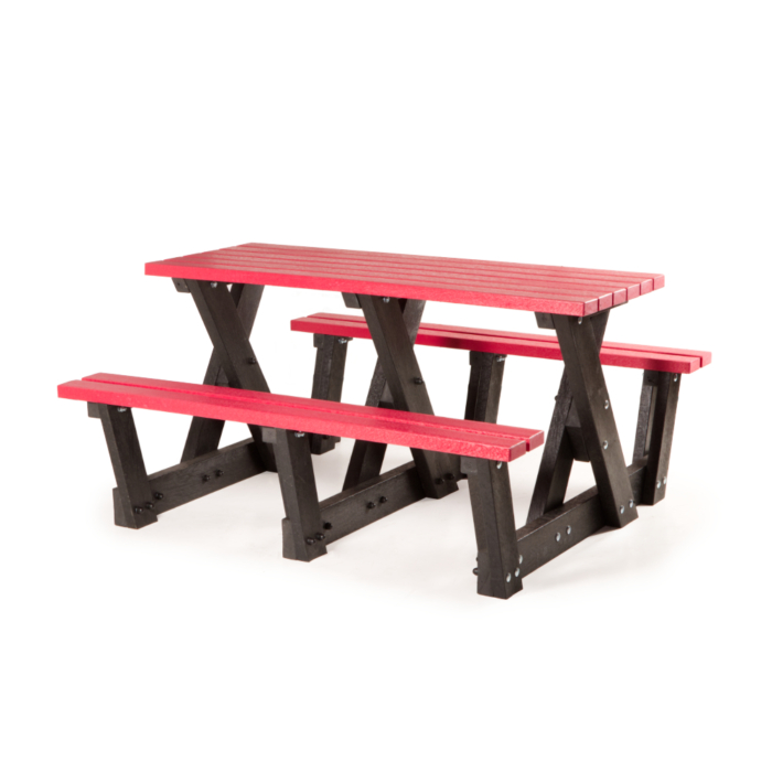 Recycled plastic picnic table with red seat and table top slats and a black frame with low end bars for easy accessibility.